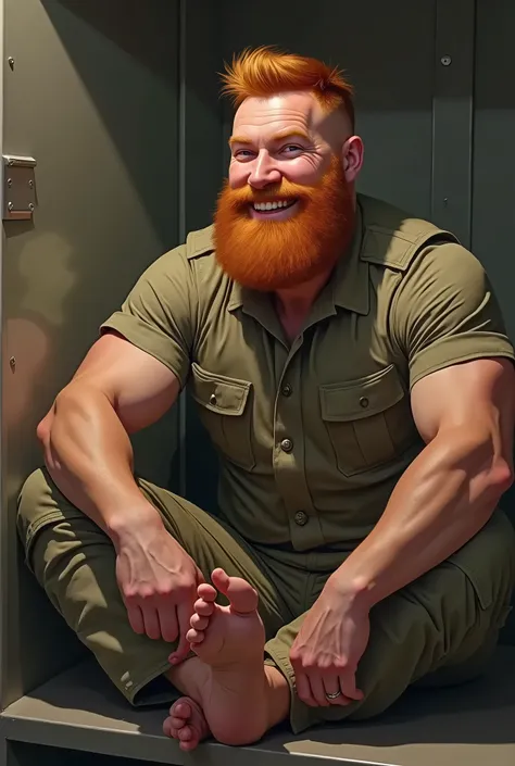 Muscular ginger-haired bearded male soldier smiling in footbox，His feet were tickled