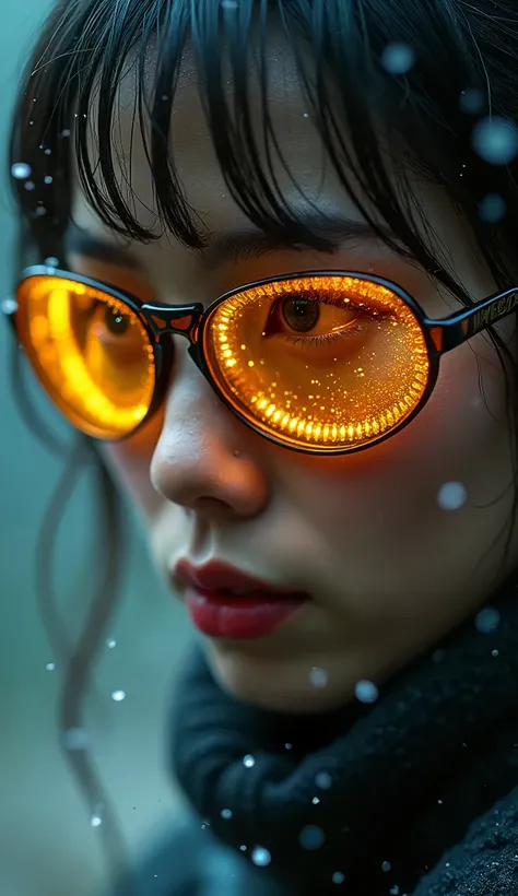 Rain, fragments, particles blender Extreme close-up face 
Actor female Akira kanedas cyclops creepy monstrous scary as cyclops Energy blast of futuristic nanopunk glasses viking traje viking Year 2099s from X-Mens filmed by ZackSnyder,cyclops dress traje s...