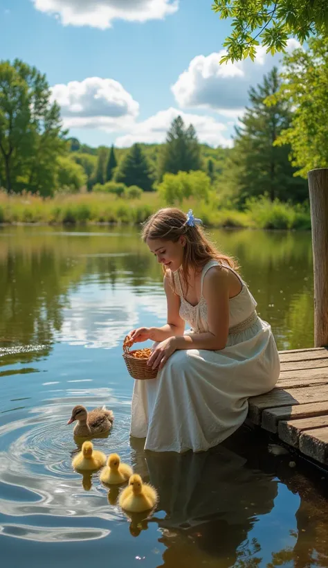 Title: A Serene Afternoon by the Pond

A high-quality, photo depicting a young woman in a 19th-century style sundress sitting on a weathered wooden dock at the edge of a small, tranquil pond. Her light brown hair is styled in loose waves, adorned with a si...