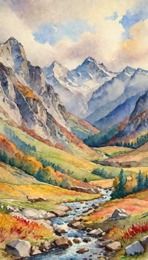 painting of a mountain scene with a stream running through it, autumn mountains, painted landscape, watercolor colored painting, watercolor landscape, mountain landscape, colorful landscape painting, vibrant gouache painting scenery, colorful watercolor pa...