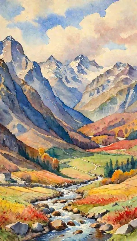 painting of a mountain scene with a stream running through it, autumn mountains, painted landscape, watercolor colored painting, watercolor landscape, mountain landscape, colorful landscape painting, vibrant gouache painting scenery, colorful watercolor pa...