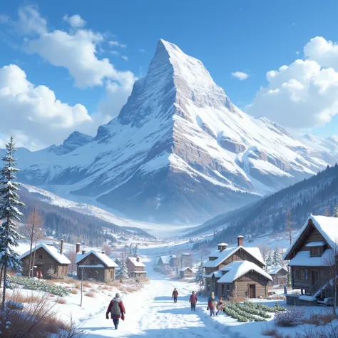 Snow Mountain appears particularly majestic against the backdrop of blue sky and white clouds, and at the foot of the mountain is a quiet and peaceful small village. The villagers lives are simple and happy, with various crops planted around their houses, ...