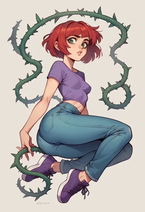 Masterpiece, 1 girl, teenager, red hair, bob haircut, green eyes, freckles, small lips, thin face, thin body, small breasts, perky breasts, round ass, thorn jeans, purple top, purple shoes