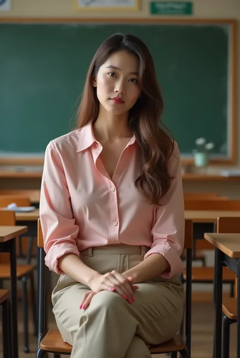 Woman teacher with long hair and White skin with pink blouse, khaki slacks, sitting on chair with hands folded and legs and ankles closed in classroom.