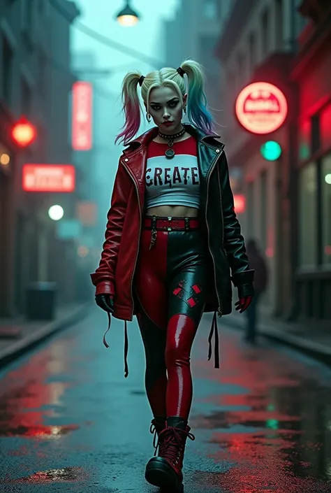 Beautiful Harley quin in Suicide Squad (2016), background is gotham city, hight detail face, cinematic style, hd quality