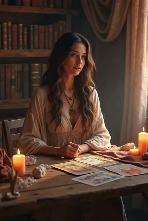 A realistic fortune teller in her mystical workspace. She sits at a wooden table adorned with rich fabrics, surrounded by softly glowing candles, sparkling crystals, and tarot cards carefully arranged. The room has warm, inviting lighting, with deep-colore...