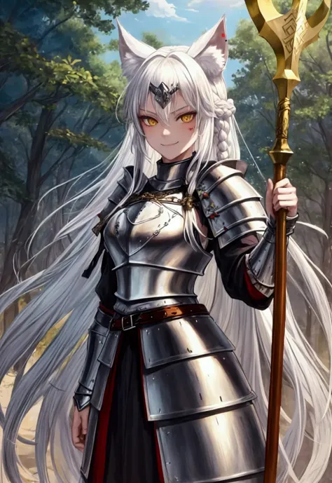 best quality, masterpiece, 1girl, wolf ears, white hair, yellow eyes, long hair, side braid, smirk, poleaxe, poleaxe on shoulder, forest, chainmail, armor, viking, varangian, anime, nordic