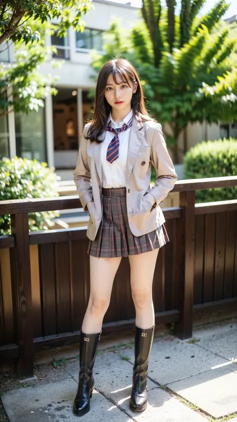 (8k、RAW Photos、Best Quality、masterpiece:1.2)、(Realistic、Realistic)、1 person、((Medium Hair、Brown school girl uniform、blazer、shirt、Chest ribbon、Breast enlargement、Checked skirt、Thin legs、boots、View from the front、Looking into the camera、garden、Stand with han...