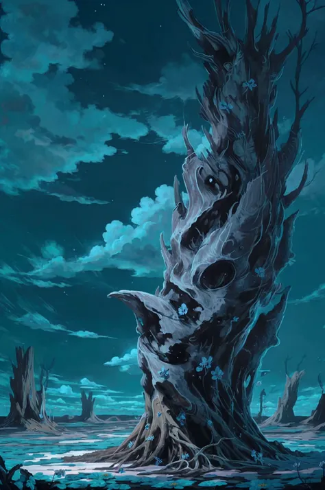 Here are a few prompts based on the image you described:
Fantasy/Anime-Inspired:
 * "A lone tree stands tall amidst a field of glowing flowers under a vibrant blue sky filled with swirling clouds and ethereal lights."
 * "In a dreamlike world, a solitary t...