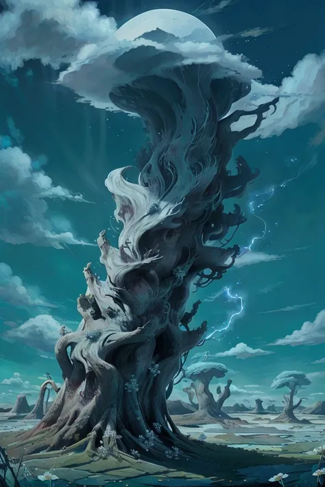 Here are a few prompts based on the image you described:
Fantasy/Anime-Inspired:
 * "A lone tree stands tall amidst a field of glowing flowers under a vibrant blue sky filled with swirling clouds and ethereal lights."
 * "In a dreamlike world, a solitary t...