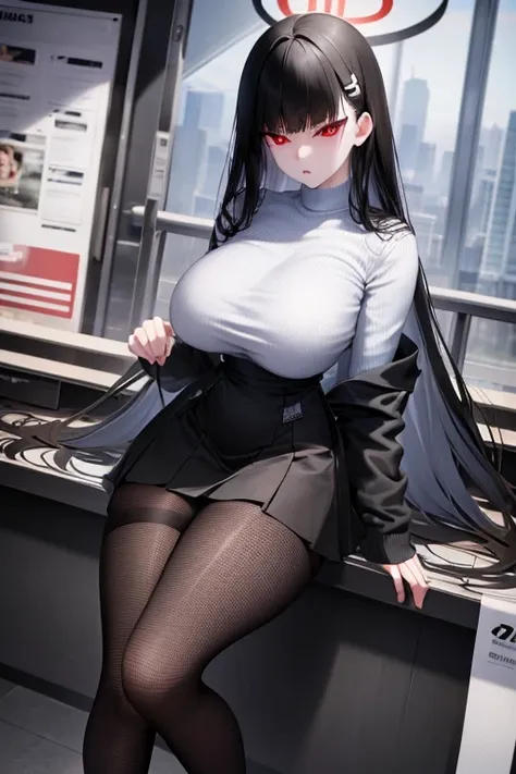 white vertical knit(“hip length”), big breasts, black hair, red eye, black tight skirt, black pantyhose, fishnet stockings, trai...