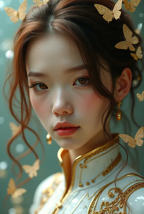 8k portrait of beautiful cyborg with brown hair, intricate, elegant, highly detailed, majestic, digital photography, art by artgerm and ruan jia and greg rutkowski surreal painting gold butterfly filigree, broken glass, (masterpiece, sidelighting, finely d...