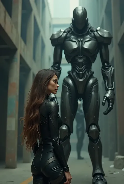 35mm film photography, A young Caucasian woman with long brown hair wearing a futuristic black and silver jumpsuit, standing next to a tall robotic figure in a dark industrial-looking HR Giger-style environment, high detail
