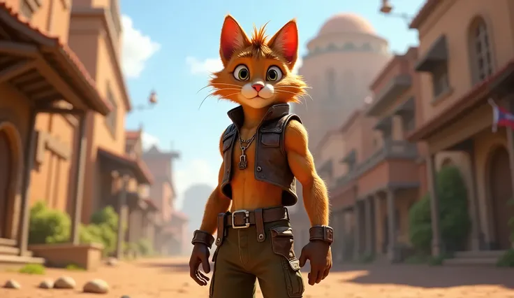 A determined anthropomorphic young cat, lean and muscular, with short tousled brown hair, wearing a rugged leather vest and trousers, standing strong, pixar style