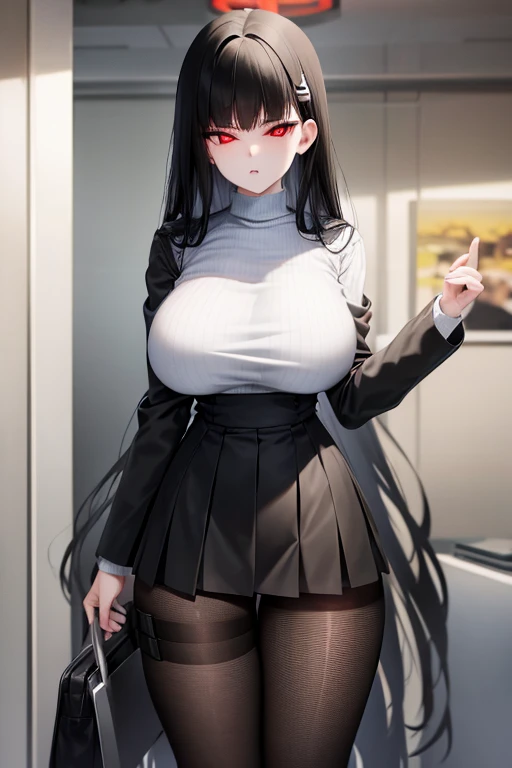 white vertical knit(“hip length”), big breasts, black hair, red eye, black tight skirt, black pantyhose, fishnet stockings, trai...