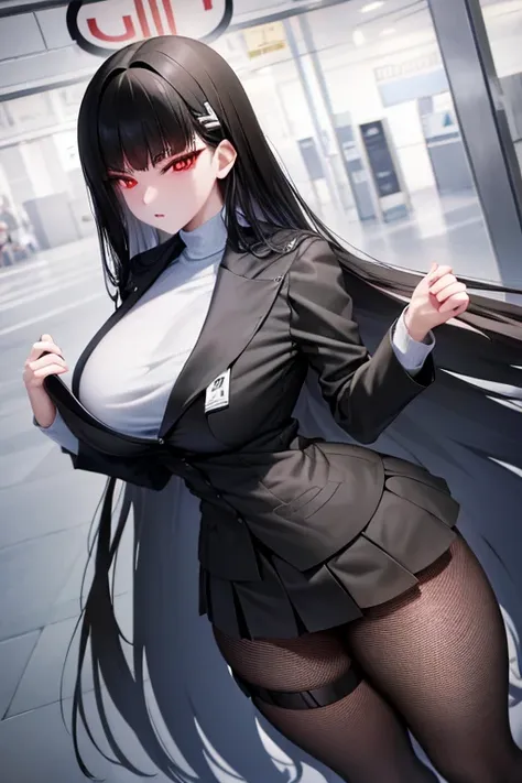 white vertical knit(“hip length”), big breasts, black hair, red eye, black tight skirt, black pantyhose, fishnet stockings, trai...