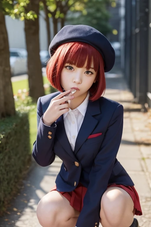 high school girl, red hair, bob cut, red eyes, 150 cm height, navy blue beret, navy blue jacket, light gray flared skirt, narrow alley, back of school building, in shadow of building, nsfw, breast out, deep necklines, nipples, flat chest, small breast, squ...