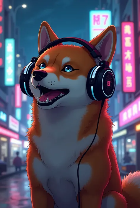 Drawing of a Shiba Inu listening to music with headphones。Cool anime style。The background is a cyberpunk night cityscape。