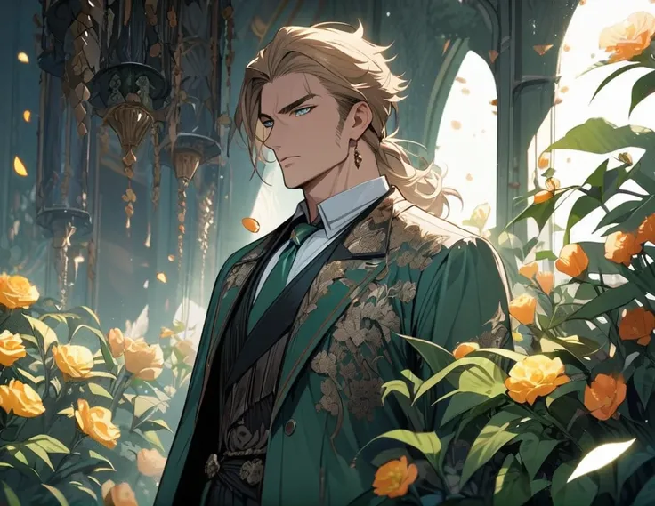 Very detailed, High resolution, Absurd, High resolution, Gray-green eyes,Light brown hair, Flowers and petals, Just One Man,Very handsome, Cool clothes,Gentle but manly、One tie、Esthetician、Young man