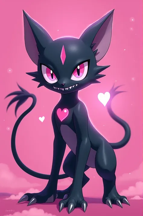 pokemon (creature), no humans, claws, solo, standing, pink eyes, full body, heart, fangs, looking at viewer, symbol-shaped pupils, heart shaped pupils, pink background, colored sclera
