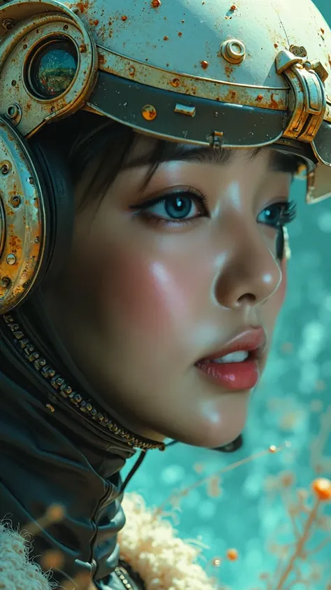 a close up of a woman with a helmet on and a sci - fiore, boris vallejo and tom bagshaw, prophet graphic novel, cosmic artifacts, inspired by Earl Norem, deepdream, awarded on cgsociety, looks a bit similar to amy adams, golden turquoise steampunk, anno 20...