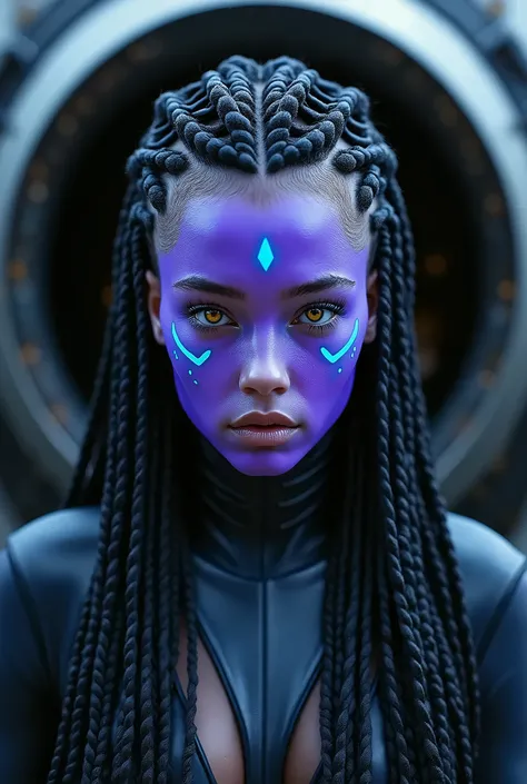 35mm film photography, A young woman with purple skin, braided hair, and bright blue markings on her face, with yellow eyes. She has a serious expression and is wearing an elaborate, futuristic-looking braided hairdo against a dark, metallic spaceship back...