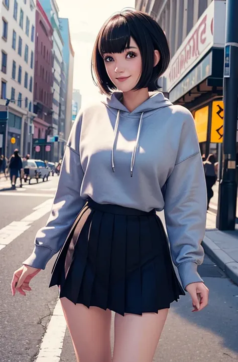 (The best quality:0.8) Perfect anime illustration, a beautiful, Happy woman with short hair and bangs on city street, wearing a sweatshirt, short pleated skirt