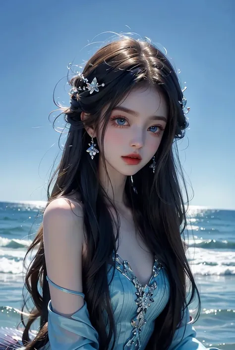 Long haired mysterious mermaid with very beautiful background and light blue eyes 