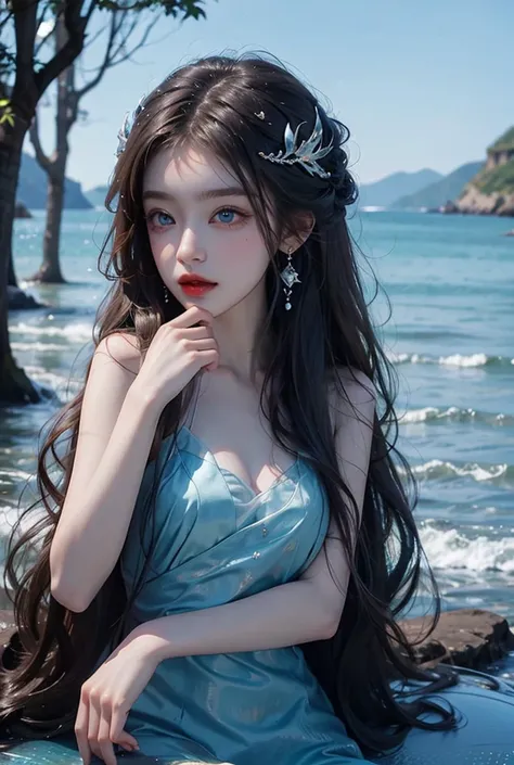 Long haired mysterious mermaid with very beautiful background and light blue eyes 