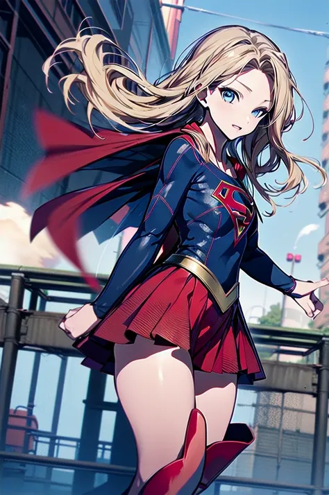 (whole body),Big Booty Goth Girl, Medium Chest, Pose in front,upright， Anime Style，3D Rendering,( supergirl)，blonde，Long Hair，blue eyes，Thick thighs，Red Skirt，The skirt is short,，You can see the blue leotard under the skirt.，Red Boots，The wind blows up my ...