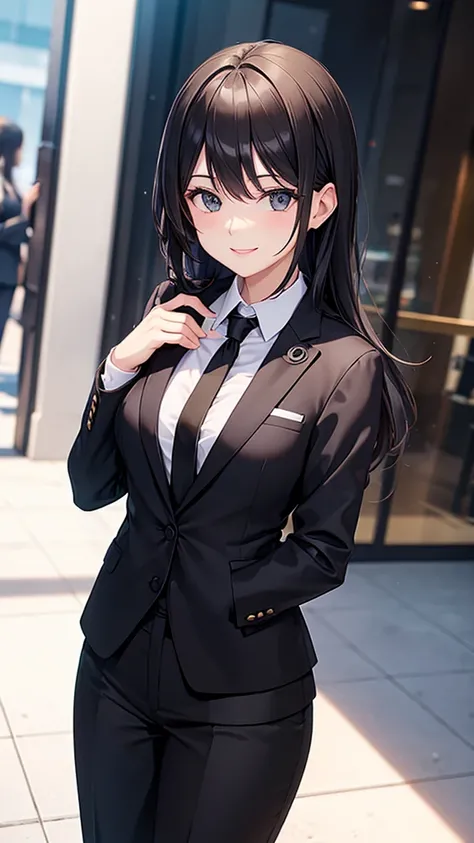 Woman wearing luxury black pantsuit　tie　smile