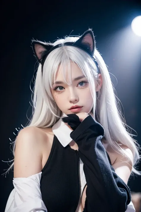 1 Girl, This will be, Looking at the audience, White hair, there is nothing, Cat ears, Cat&#39;s Tail, White shirt, Open Clothing, City, Babaizi