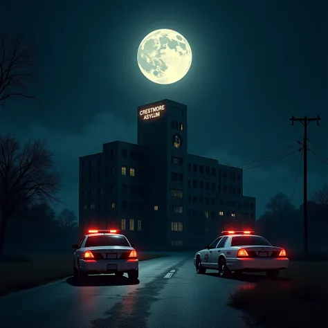 A psychiatric hospital with Crestmore Asylum written on it with a road in front, two police cars, the sky is clear the moon is full. 