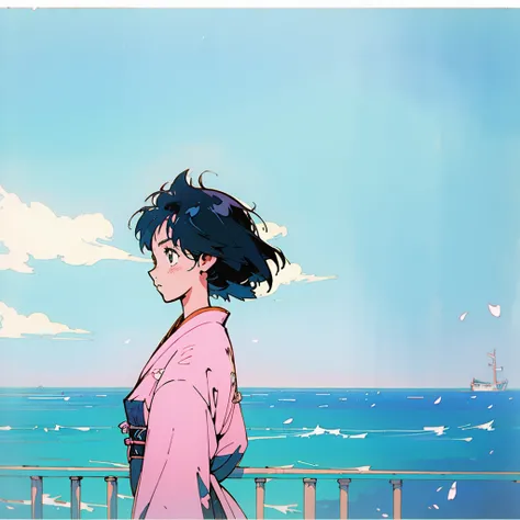 Back view of a short-haired girl looking at the sky、Anime Style、Lo-Fi、Ghibli style、The background is a refreshing seaside、Japanese animation style, Incredible anime movie scenes、Emotional Anime、