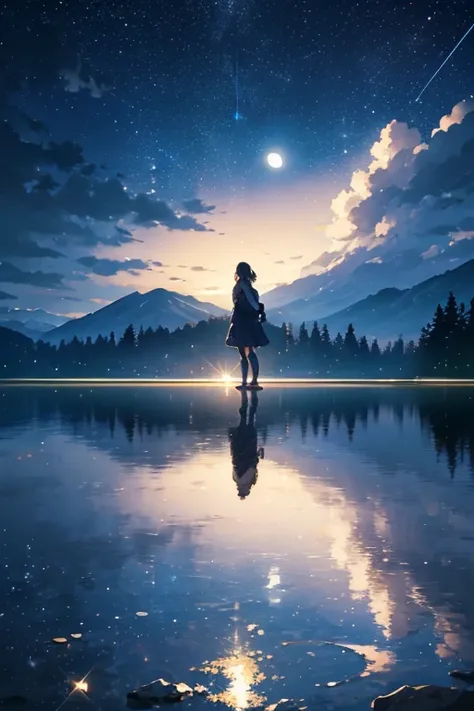 High quality masterpiece, landscape, bright starry sky, concept art, lofi art style, reflection. by Makoto Shinkai, Beautiful anime scene, Anime landscape, detailed scenery, enhanced details. 1 female, standing on the lake, the surface of the lake is like ...