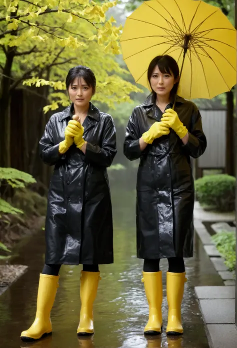 three naked japanese moms in their 30s wearing very long thick kitchen gloves and slim, stylish long black hunter rain boots、fac...