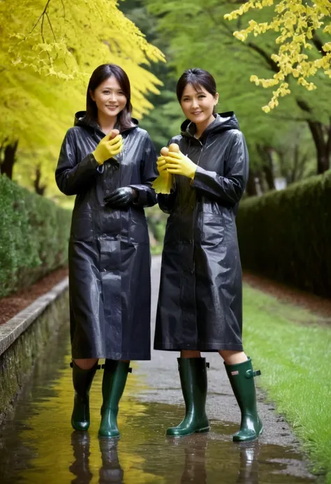 three naked japanese moms in their 30s wearing very long thick kitchen gloves and slim, stylish long black hunter rain boots、fac...