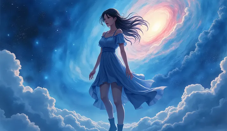 Watercolor art, cosmos, contrast of blue colors, roxas, rose, black and white, space illustration, girl inspired by Mikasa from the anime Attack on Titan transcending, Realistic character, high quality, without defects, Maximum resolution, 8k.