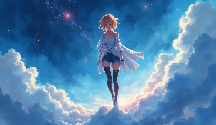 Watercolor art, cosmos, contrast of blue colors, roxas, rose, black and white, space illustration, girl inspired by Mikasa from the anime Attack on Titan transcending, Realistic character, high quality, without defects, Maximum resolution, 8k.