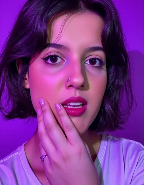 beautiful woman with "crazed Yandere expression", slight head tilt to the right, purple lighting, womans hands on her checks near her eyes, close-up looking at the viewer.
