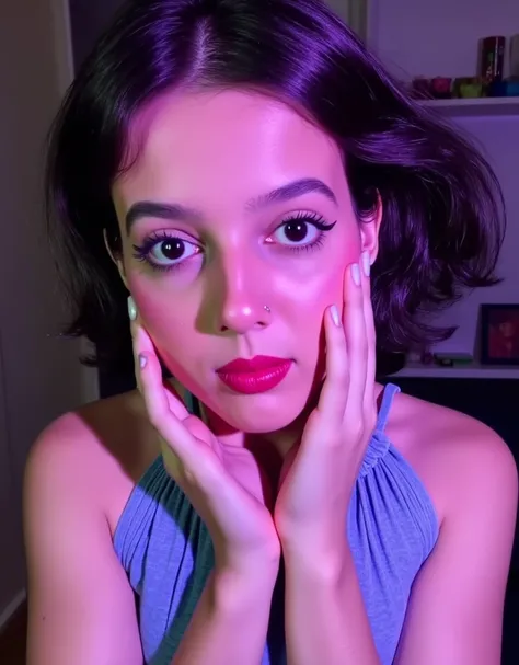 beautiful woman with "crazed Yandere expression", slight head tilt to the right, purple lighting, womans hands on her checks near her eyes, close-up looking at the viewer.
