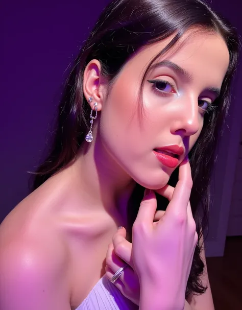 beautiful woman with "crazed Yandere expression", slight head tilt to the right, purple lighting, womans hands on her checks near her eyes, close-up looking at the viewer.
