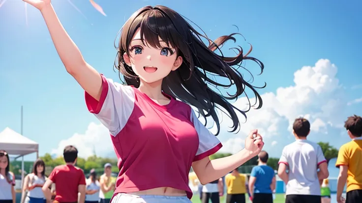 A young woman taking part in a ball throwing competition at a sports festival。The moment she throws the ball high in the air while wearing her gym clothes、A lively and fun atmosphere spread with smiles、A moment of youth is depicted。