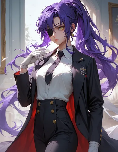 score_9, score_8_up, score_7_up, source_anime, solo, 1girl, shiki reika, expressionless, looking at you, standing, long hair, purple hair, ponytail, yellow eyes, eyepatch, formal, pant suit, tailcoat, black jacket, buttons, double-breasted, coattails, long...