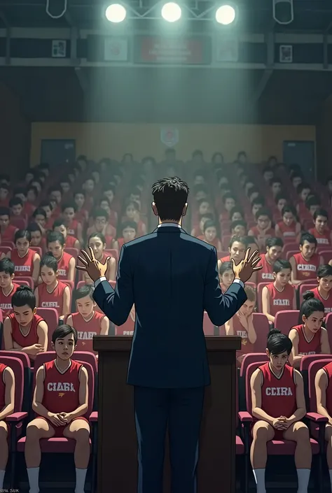 How did you get the previous image in drawing The director speaking in an auditorium, with visibly disappointed student athletes. drawing with color and the kids must be sitting
