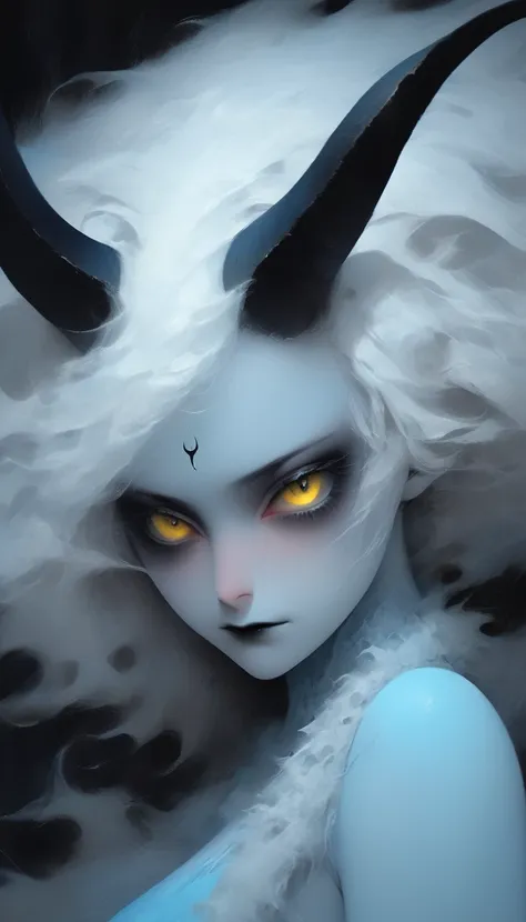 (by Dagasi: 1.1), BREAK, masterpiece, high resolution, 8K, detailed background, high quality, BREAK, BREAK, ((Light blue fur, by white, black sclera, ghost horn, [2 horns, yellow eyes, spongy, detailed fur)) by, BREAK, female, humanoid, Bermuda, trident, S...