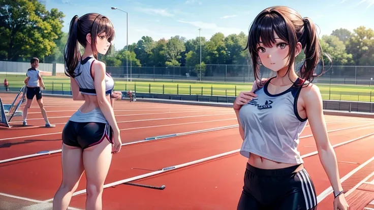 Young woman standing at the starting line on a track at a sports festival。Gym clothes fluttering in the wind、The figure staring ahead with a concentrated expression、A scene that evokes the energy and vitality of youth。