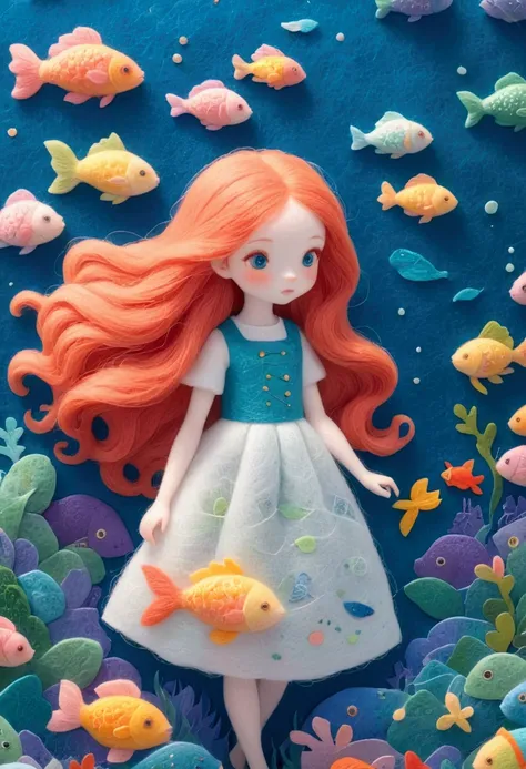 A delicate felt painting：Girl with long red hair，Dreamy and beautiful，Fairy Tale World，fish