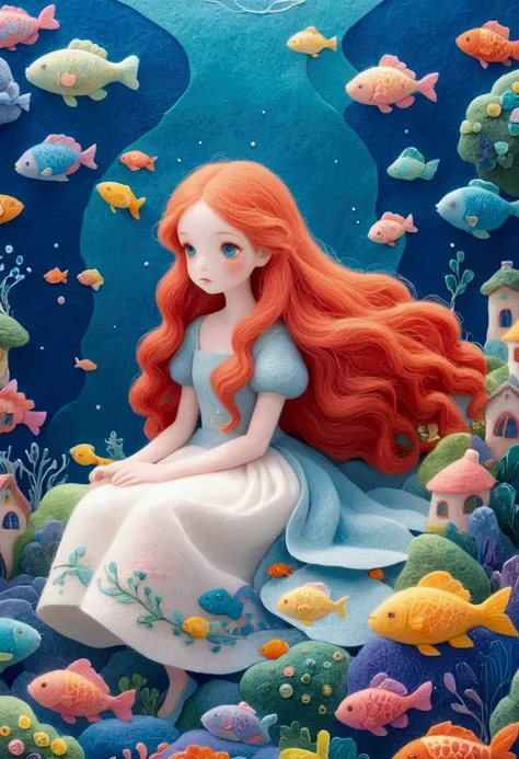 A delicate felt painting：Girl with long red hair，Dreamy and beautiful，Fairy Tale World，fish