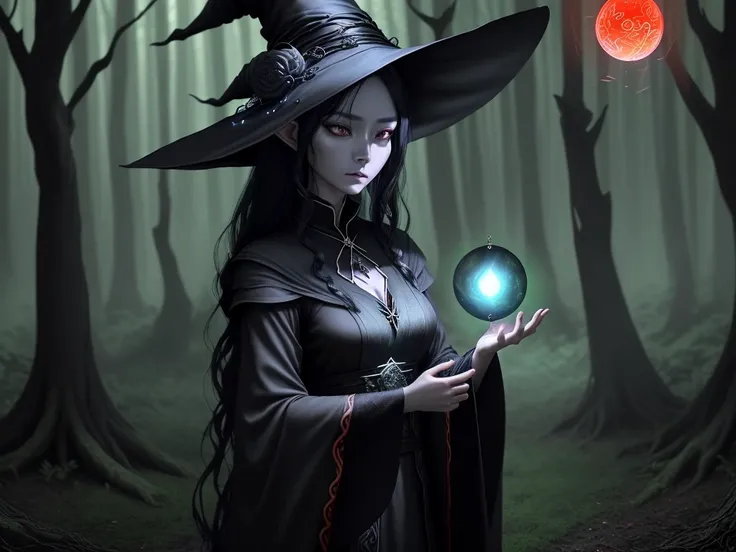 cinematic，Arafad woman holding glowing orb in dark forest, Female mage casting spells, a beautiful Witch, Witch woman, Elven Priestess, evil fire Witch in the woods, 黑暗fantasy女魔法師, Witch, dark Witch, 黑暗fantasy風格藝術, 黑袍Witch, beautiful Witch，see black hair，T...